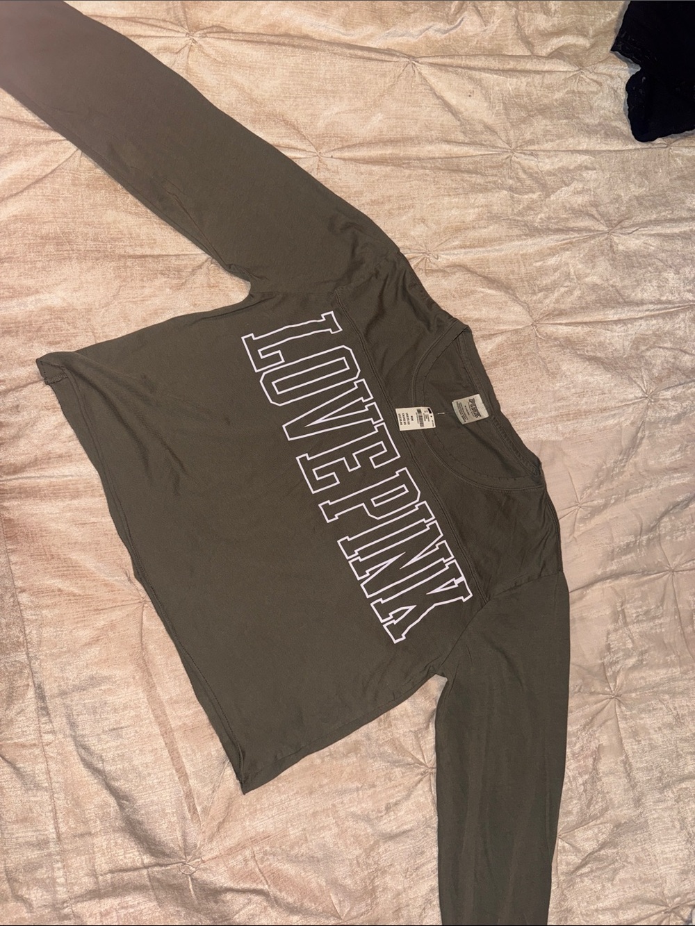 PINK Victoria's Secret Olive Green 'LOVE PINK' Long Sleeve Tee